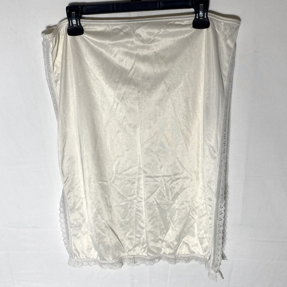 Vintage Cream Ivory Satiny Slip Skirt With lace Trim & Side Slits XL